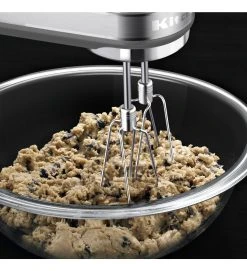 KitchenAid 7-Speed Hand Mixer | White -KitchenAid Sales kitchenaid 7 speed hand mixer khm7210 profile view with cookie dough 1 2